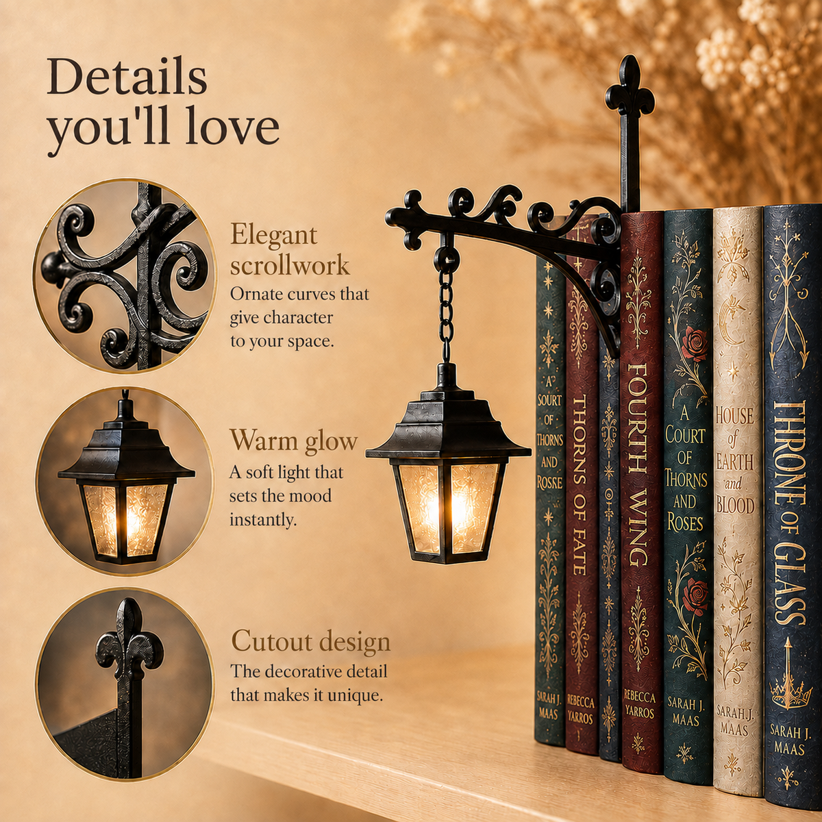Wrought Iron Bookshelf Lamp with LED Lantern